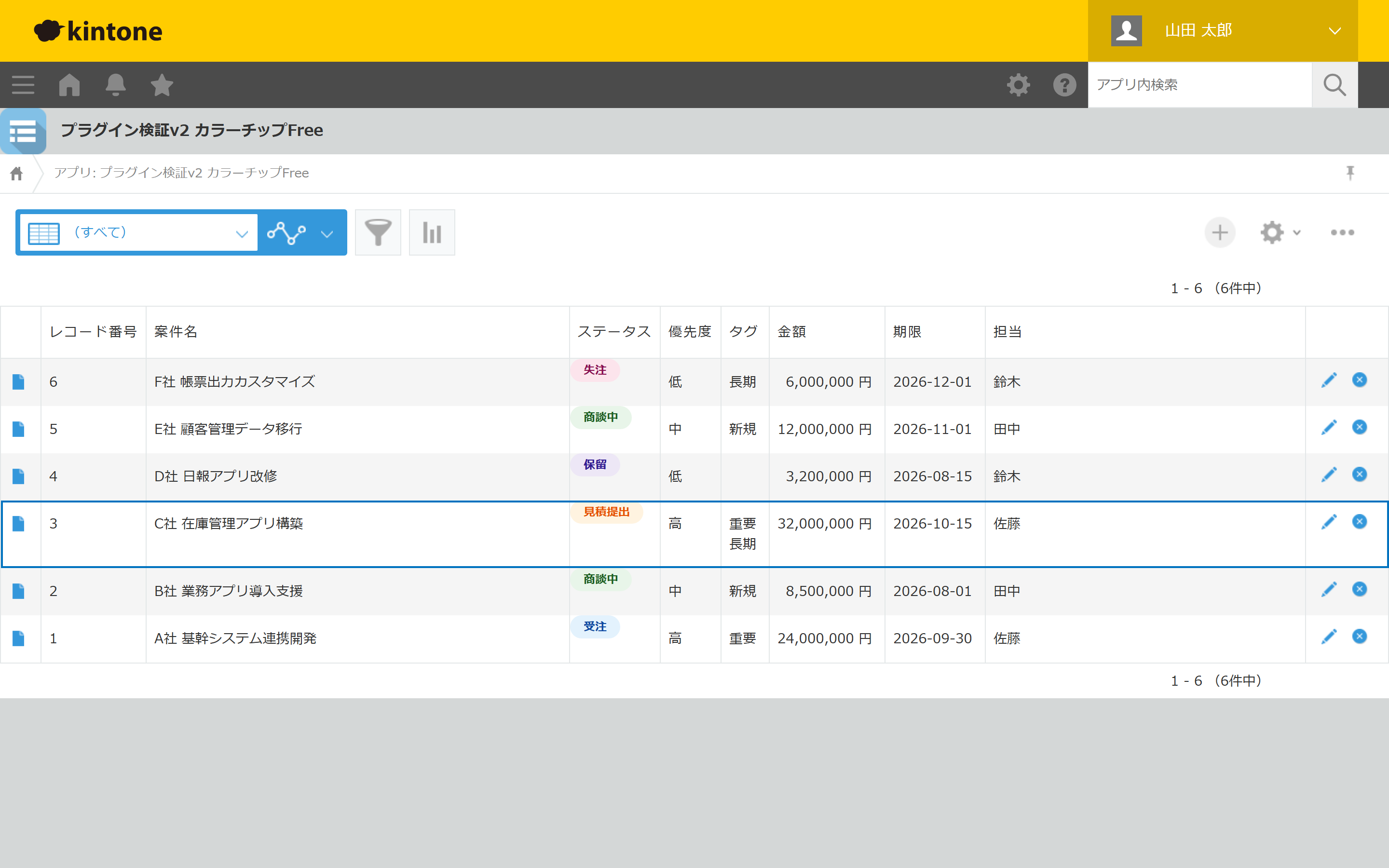 プラグイン適用後のレコード一覧画面(プラグイン検証v2 カラーチップFree)