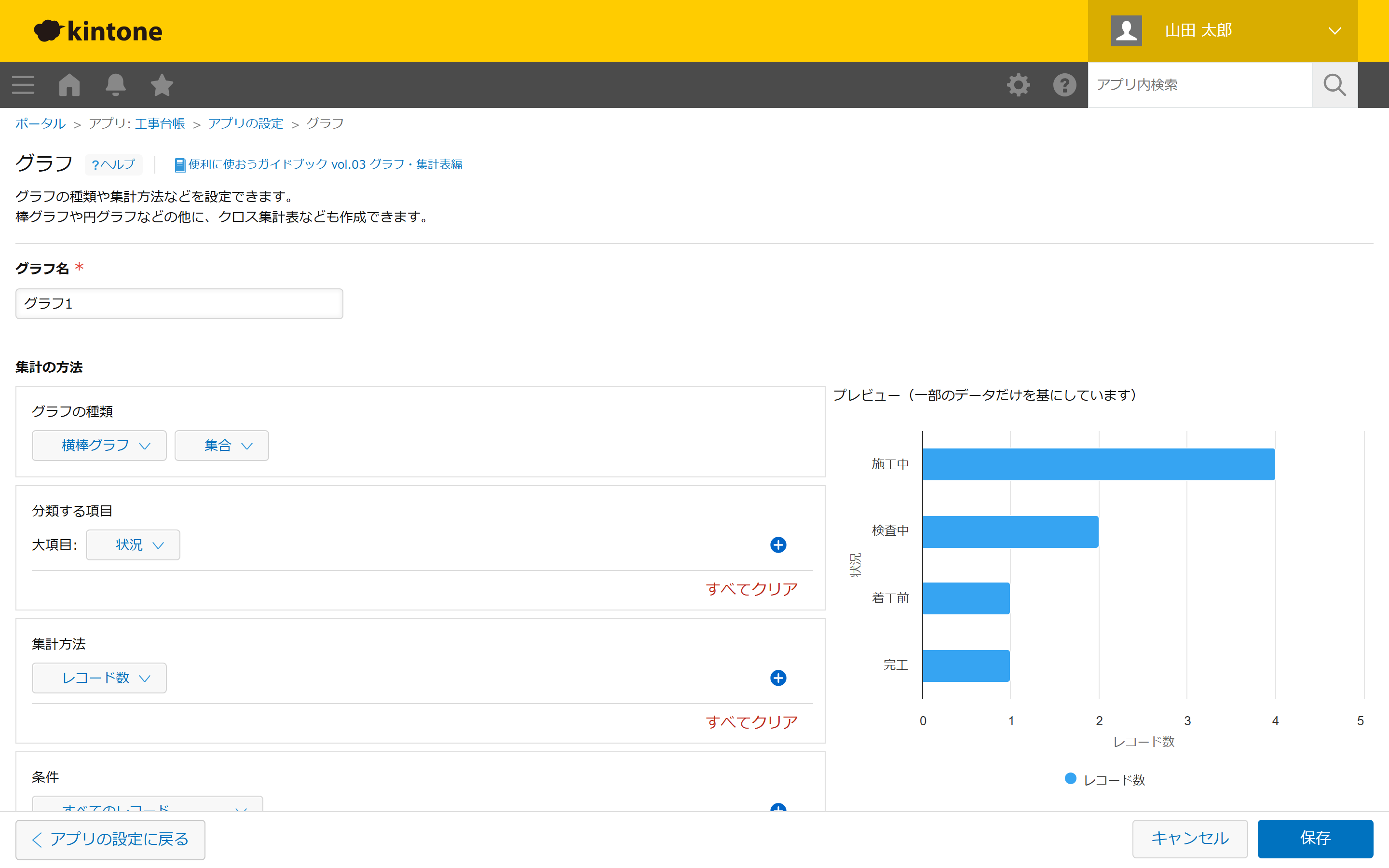 グラフ設定画面。「状況」を分類項目に、集計方法「レコード数」を指定すると、着工前・施工中・検査中・完工ごとの件数が横棒グラフでプレビュー表示される。