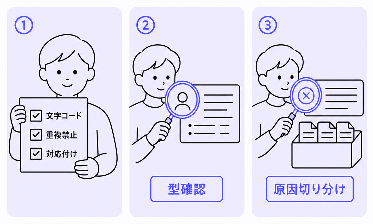 CSV取込前・取込中・取込後の3段階チェックの様子