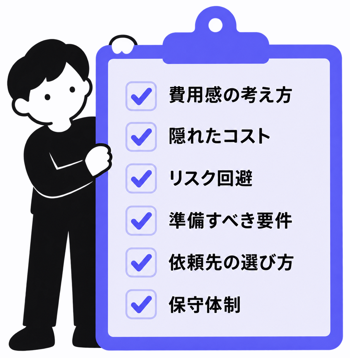 費用感の考え方・隠れたコスト・リスク回避・準備すべき要件・依頼先の選び方・保守体制の6項目チェックリストのイラスト