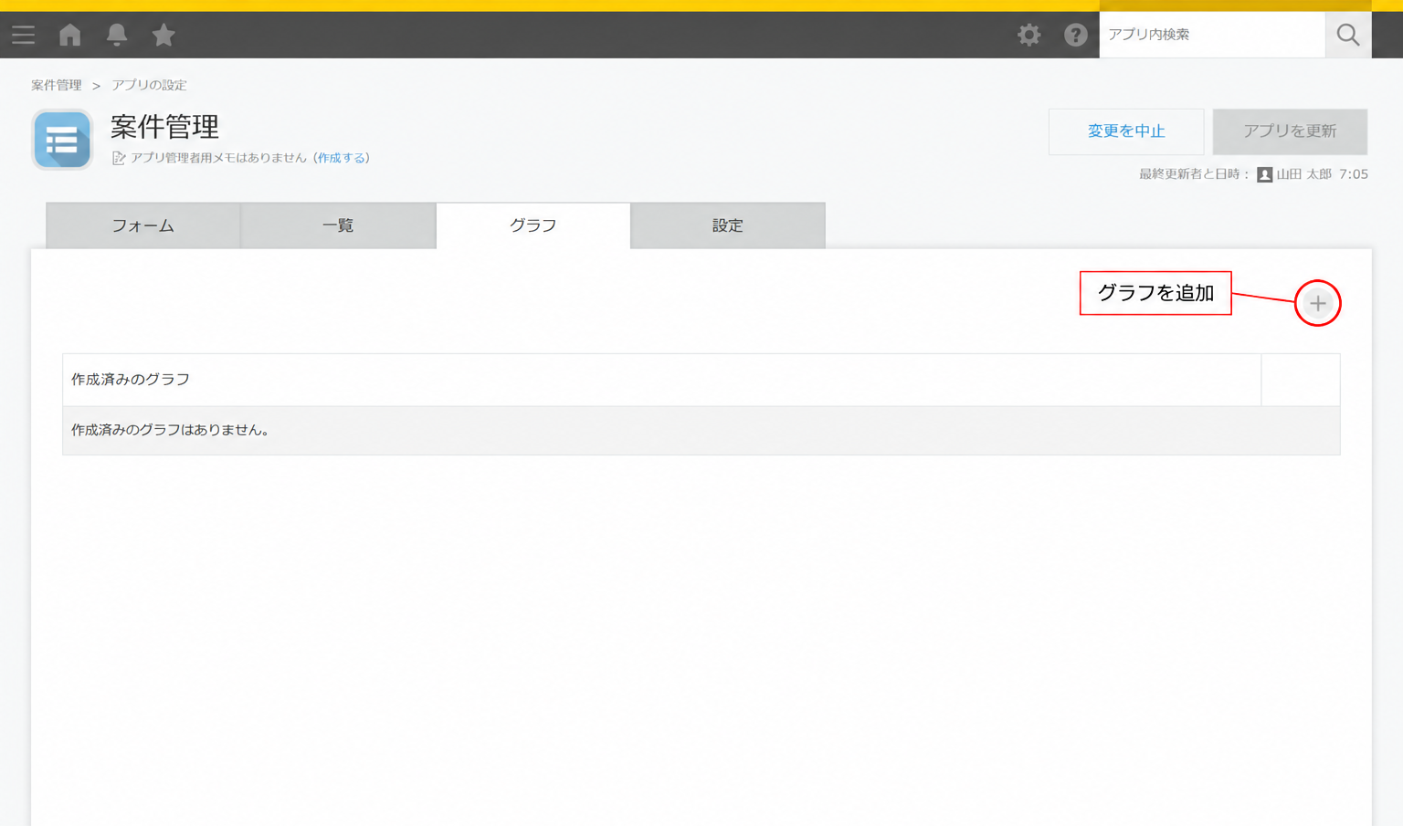 kintoneアプリ設定のグラフタブ。＋ボタンから集計グラフを追加する