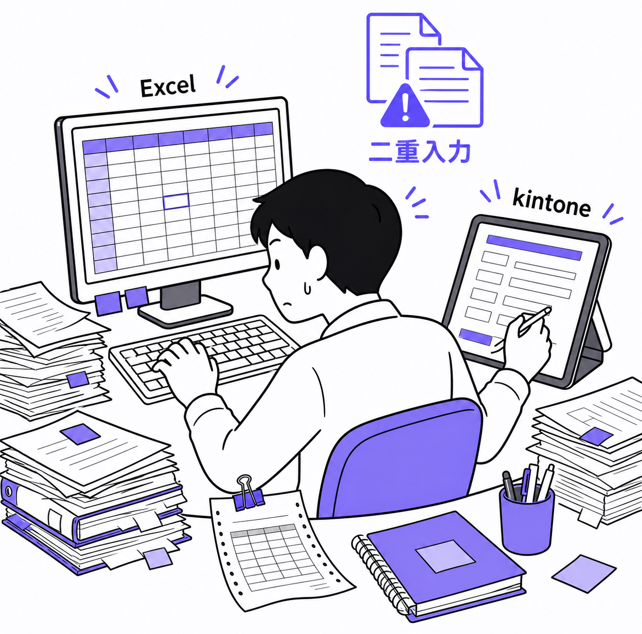同じ受注データをExcelとkintoneに二重入力している様子