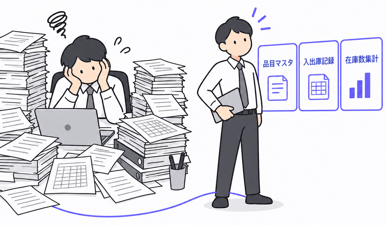 紙の台帳・Excelでの在庫管理と、kintoneで品目マスタ・入出庫記録・在庫数集計を分けて管理する様子の対比イラスト