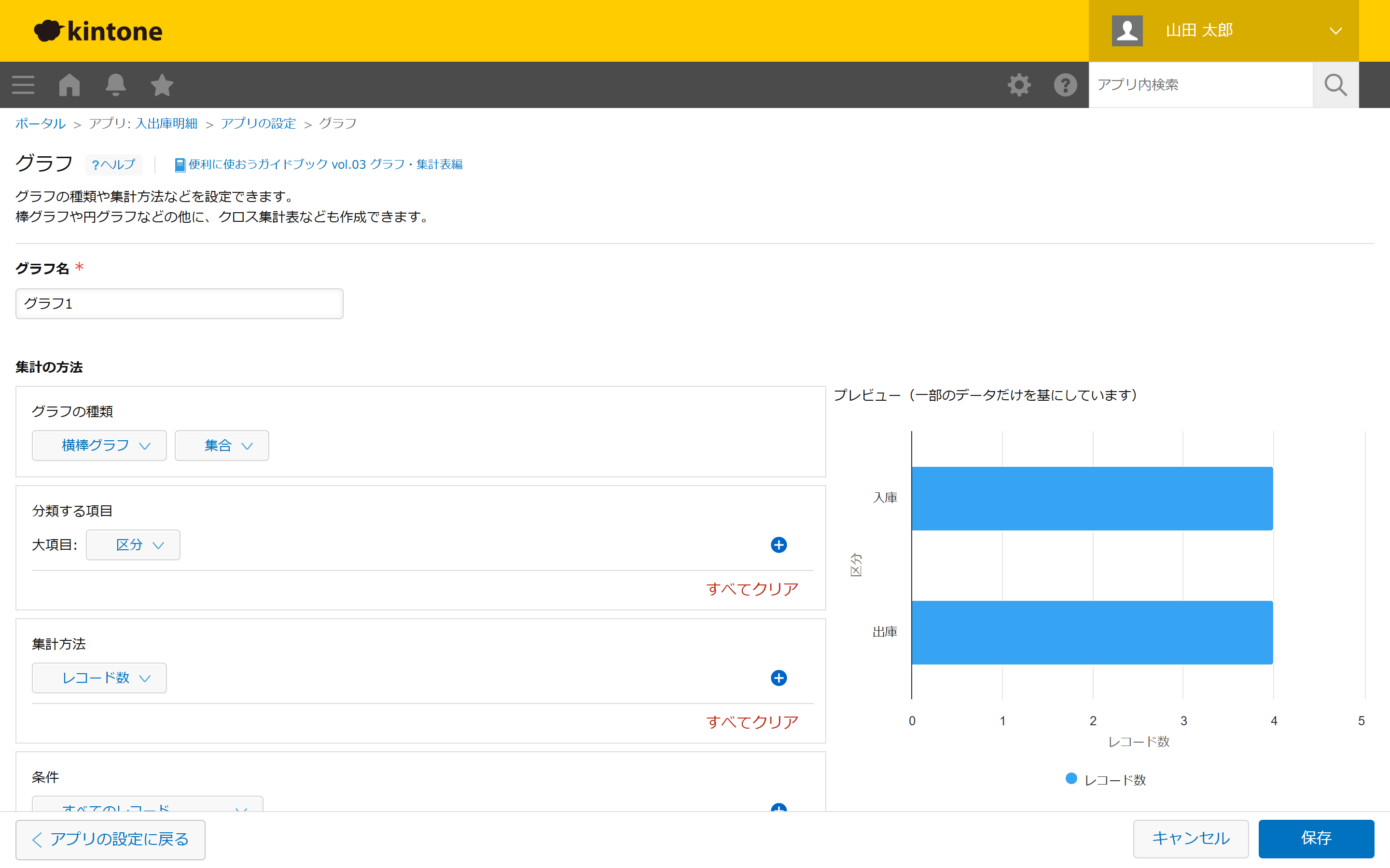 グラフ設定画面で、分類する項目を「区分」、集計方法を「レコード数」に設定し、入庫・出庫それぞれの件数を横棒グラフでプレビュー表示している。