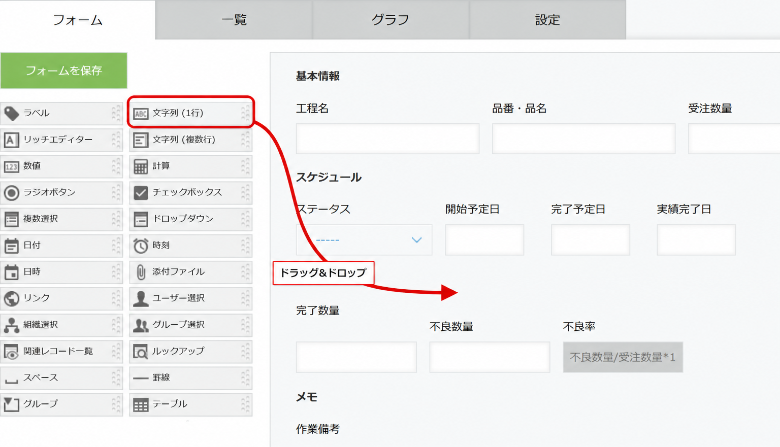 kintoneのフォーム編集画面。左のパーツを右のフォームへドラッグ&ドロップで配置する