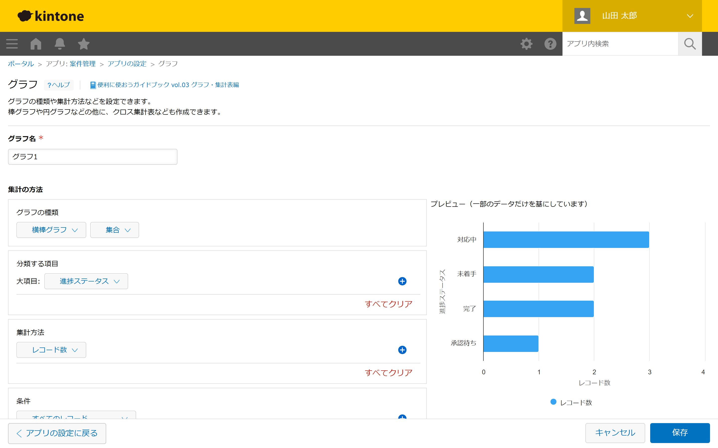 kintoneのグラフ作成画面。グラフの種類・分類する項目・集計方法を指定して集計条件を作る