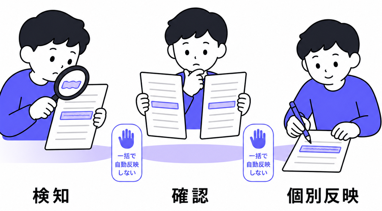 検知→確認→個別反映の3ステップと、一括自動反映をしない注記