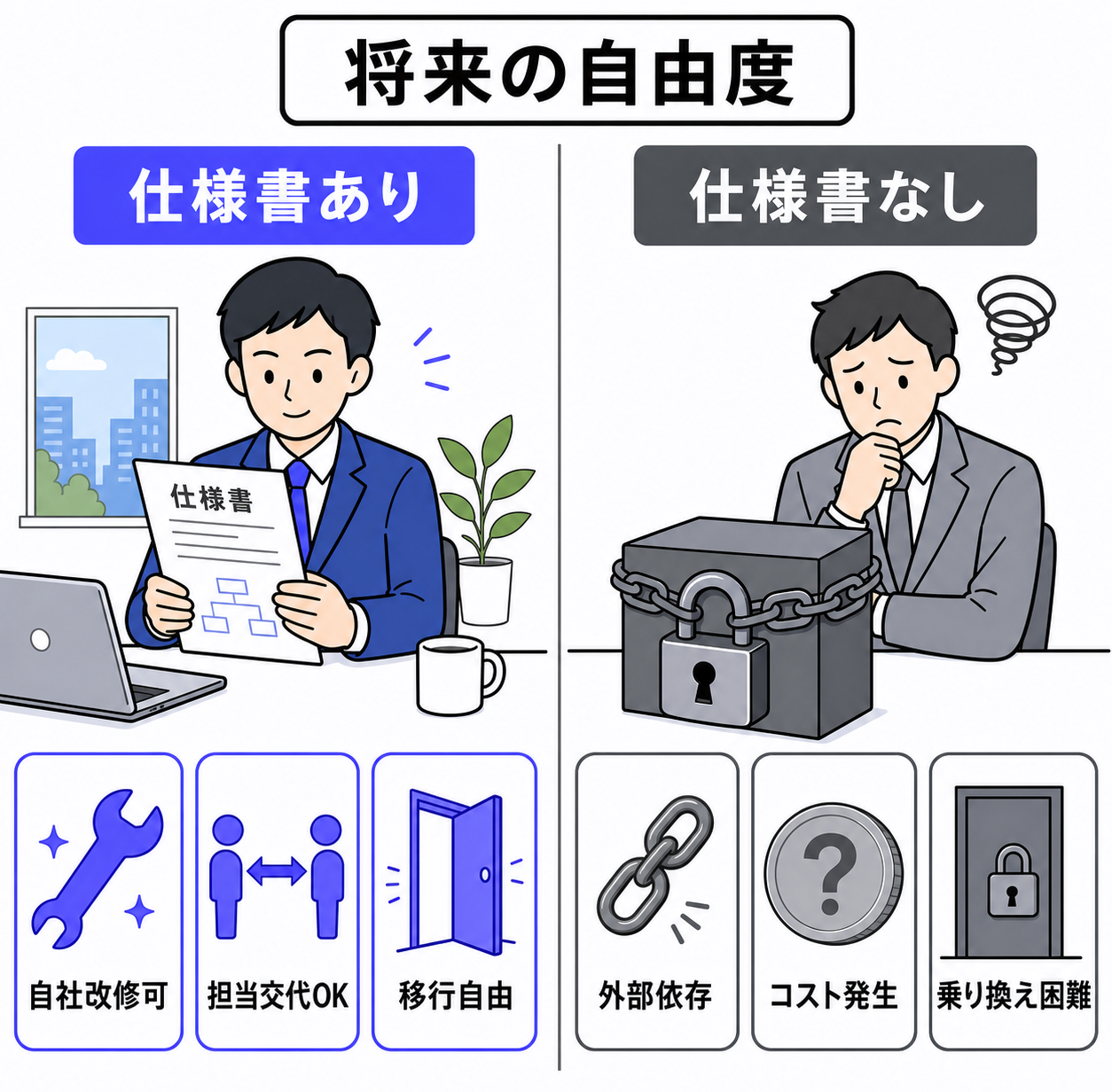 仕様書あり・なしで分かれる将来の自由度の比較図