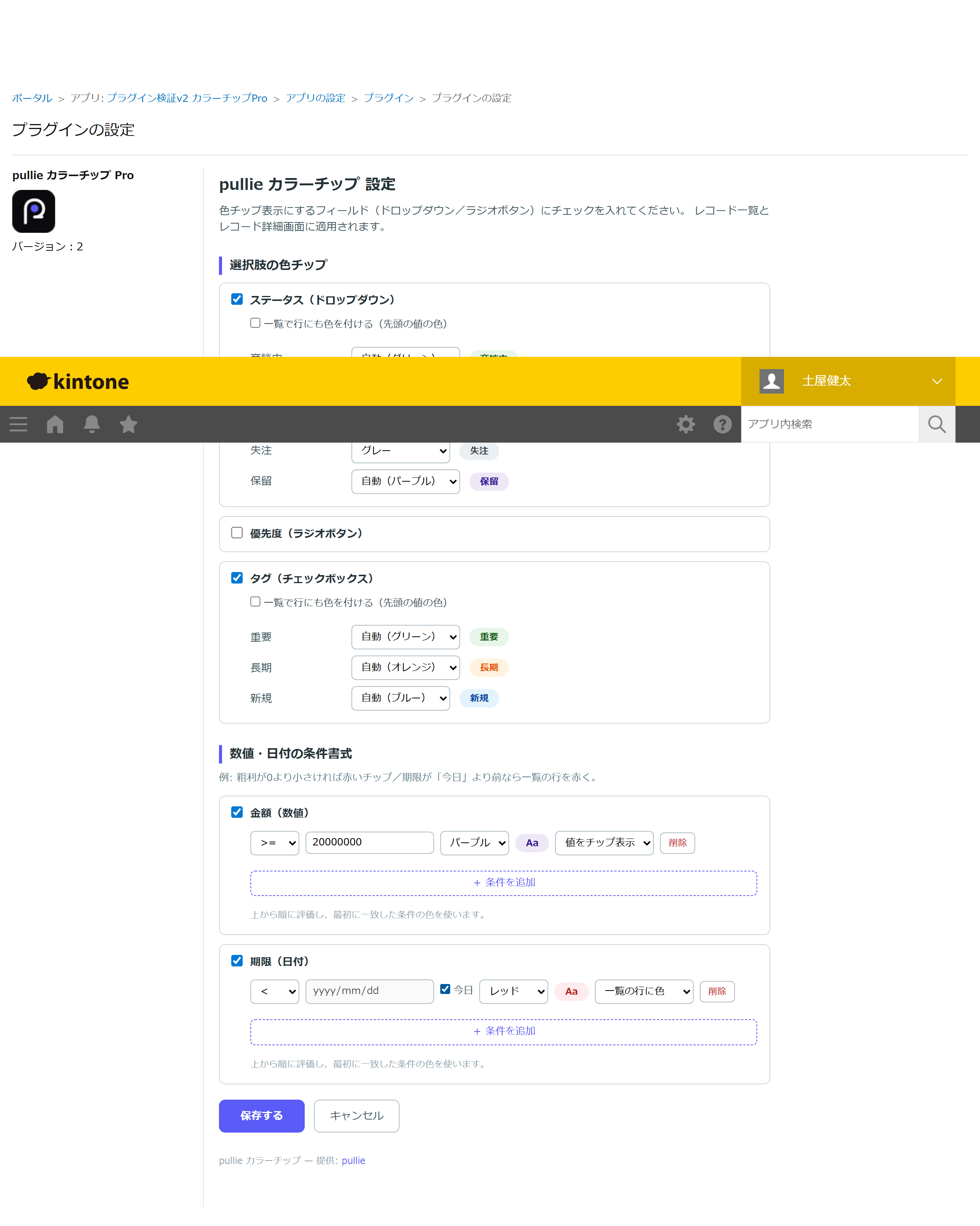 プラグイン設定画面。フィールドのチェックと選択肢ごとの色指定